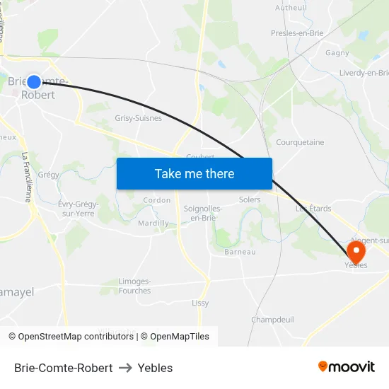 Brie-Comte-Robert to Yebles map