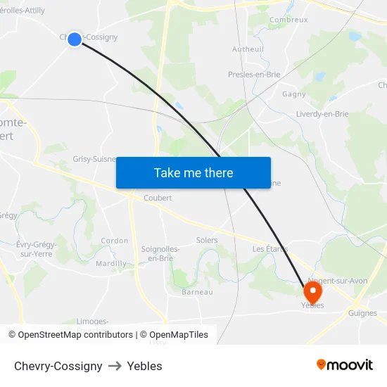 Chevry-Cossigny to Yebles map