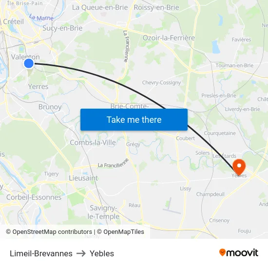 Limeil-Brevannes to Yebles map
