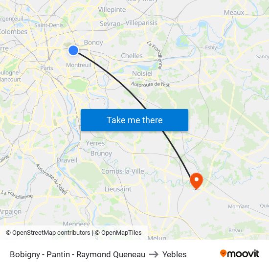 Bobigny - Pantin - Raymond Queneau to Yebles map