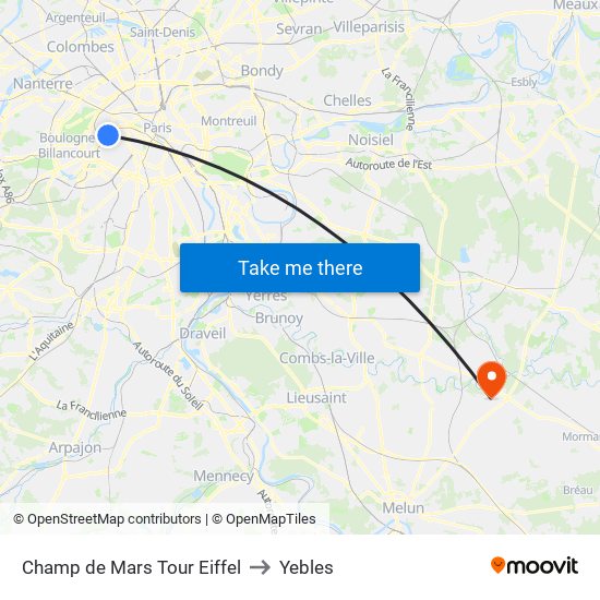 Champ de Mars Tour Eiffel to Yebles map