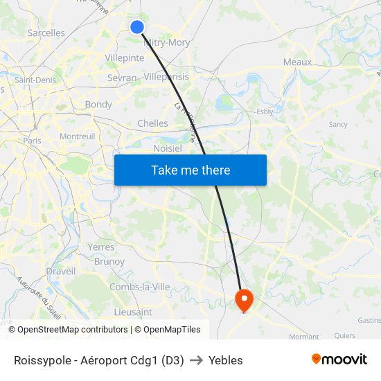 Roissypole - Aéroport Cdg1 (D3) to Yebles map
