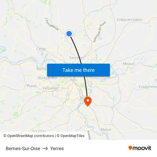 Bernes-Sur-Oise to Yerres map