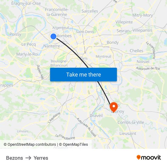 Bezons to Yerres map