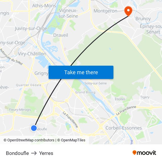 Bondoufle to Yerres map