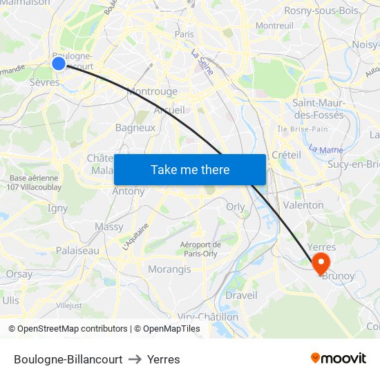 Boulogne-Billancourt to Yerres map