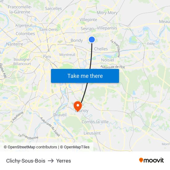 Clichy-Sous-Bois to Yerres map