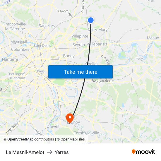 Le Mesnil-Amelot to Yerres map