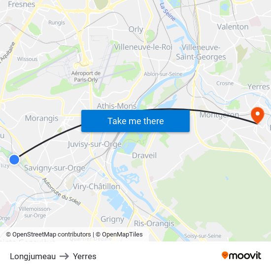 Longjumeau to Yerres map
