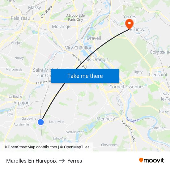 Marolles-En-Hurepoix to Yerres map