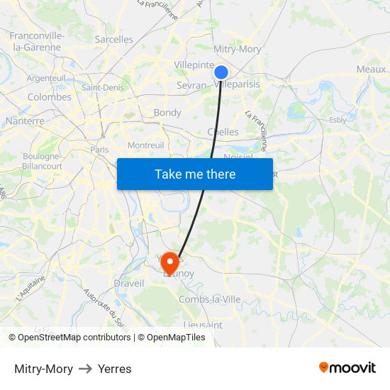 Mitry-Mory to Yerres map
