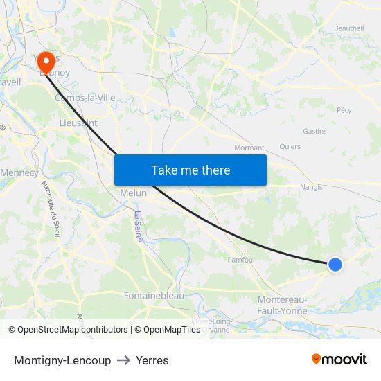 Montigny-Lencoup to Yerres map