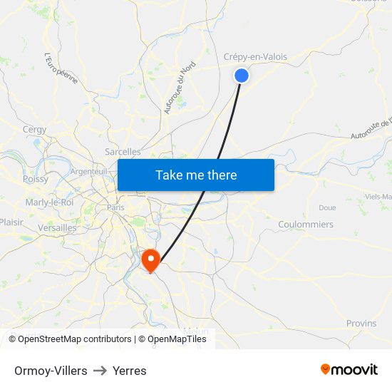 Ormoy-Villers to Yerres map