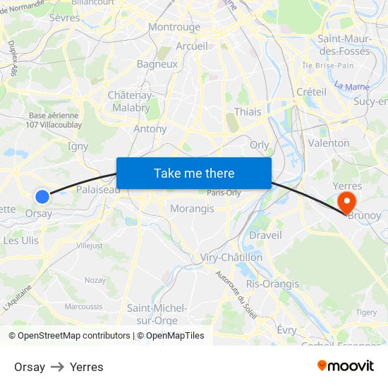 Orsay to Yerres map