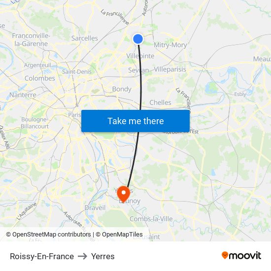 Roissy-En-France to Yerres map