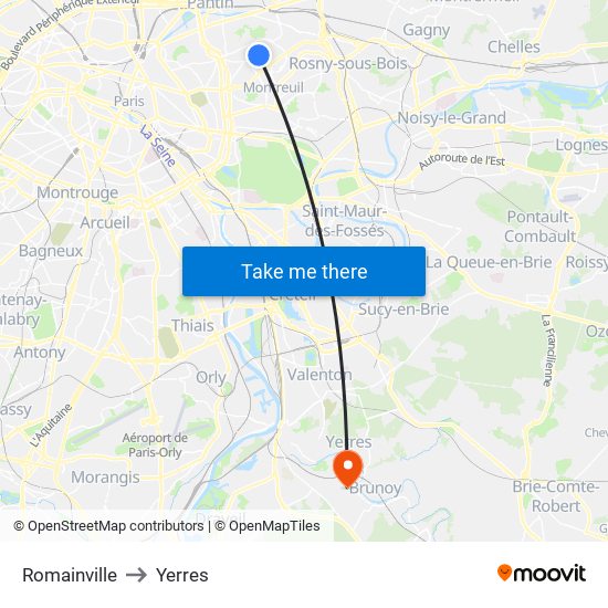 Romainville to Yerres map