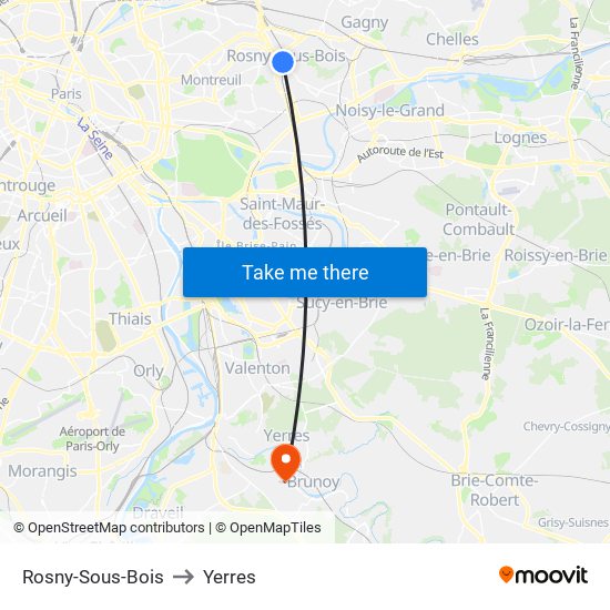 Rosny-Sous-Bois to Yerres map