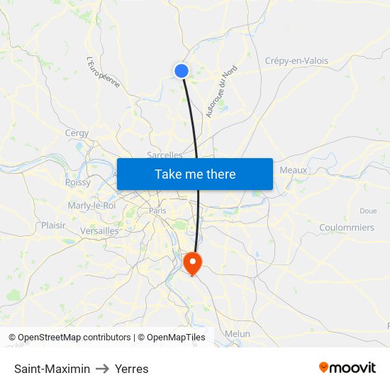 Saint-Maximin to Yerres map
