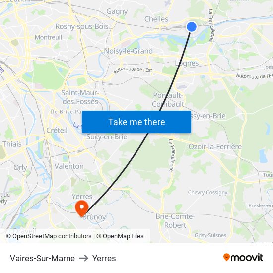 Vaires-Sur-Marne to Yerres map