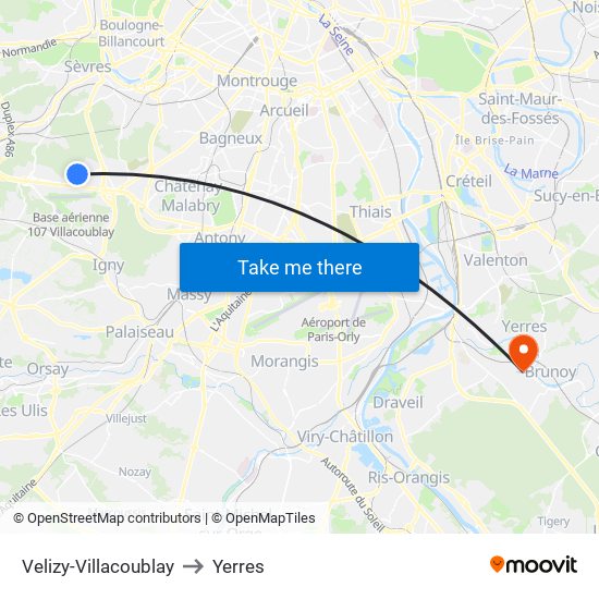 Velizy-Villacoublay to Yerres map