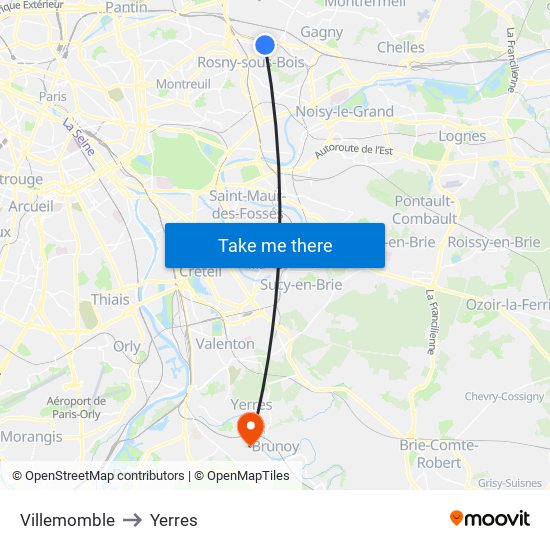 Villemomble to Yerres map