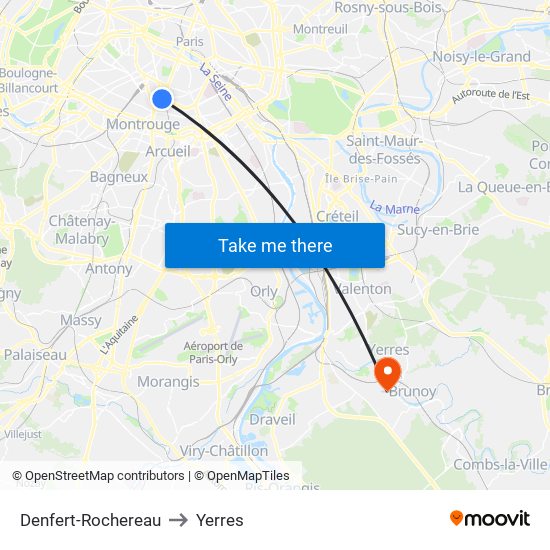 Denfert-Rochereau to Yerres map