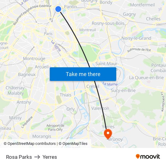 Rosa Parks to Yerres map