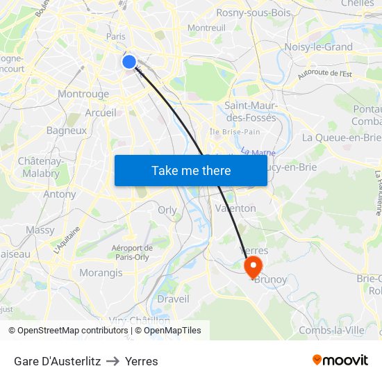 Gare D'Austerlitz to Yerres map