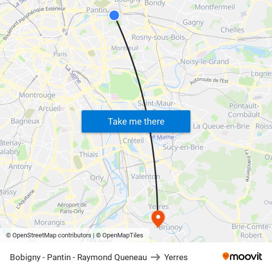 Bobigny - Pantin - Raymond Queneau to Yerres map