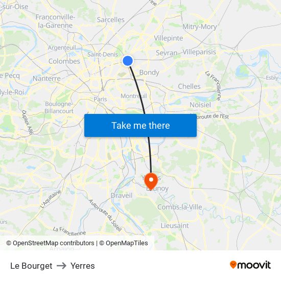 Le Bourget to Yerres map