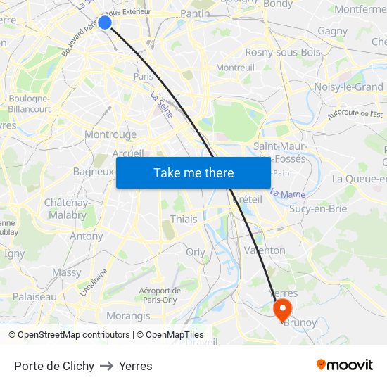 Porte de Clichy to Yerres map