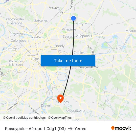 Roissypole - Aéroport Cdg1 (D3) to Yerres map