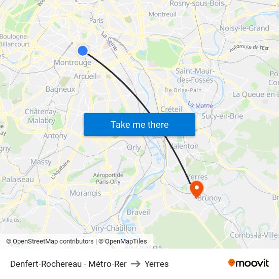 Denfert-Rochereau - Métro-Rer to Yerres map