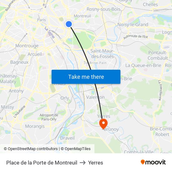 Place de la Porte de Montreuil to Yerres map