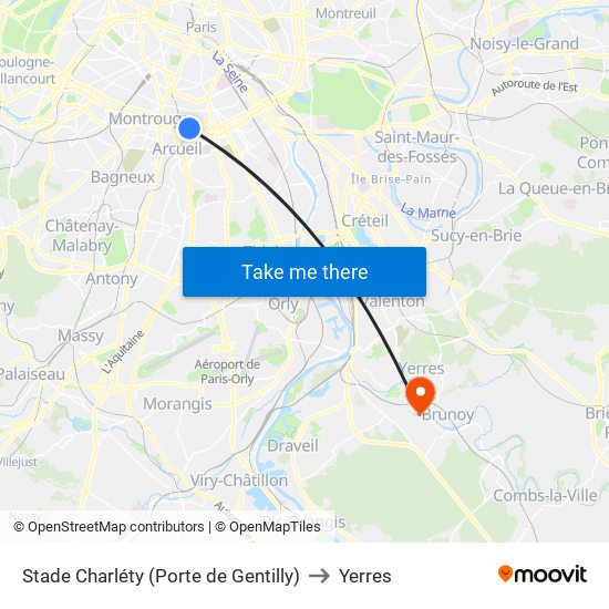 Stade Charléty (Porte de Gentilly) to Yerres map