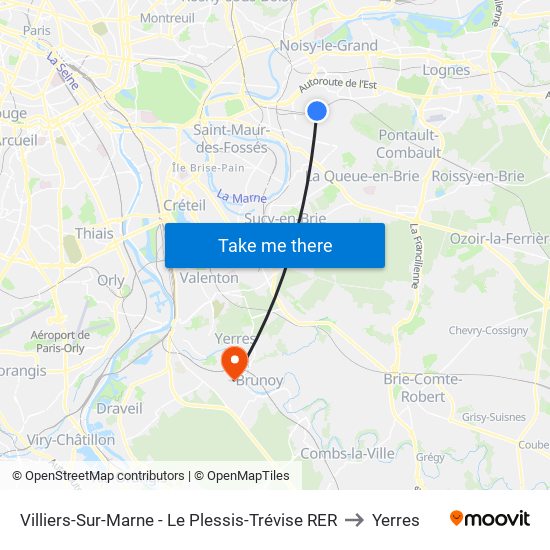Villiers-Sur-Marne - Le Plessis-Trévise RER to Yerres map