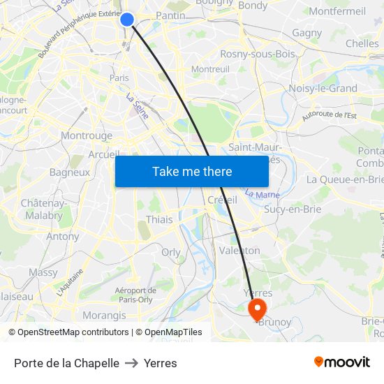Porte de la Chapelle to Yerres map