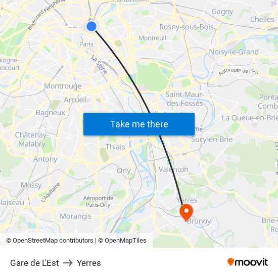 Gare de L'Est to Yerres map