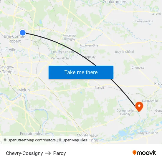 Chevry-Cossigny to Paroy map