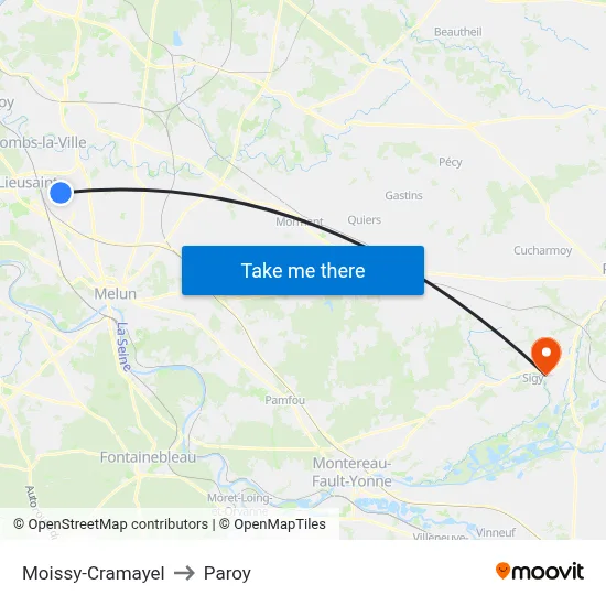 Moissy-Cramayel to Paroy map