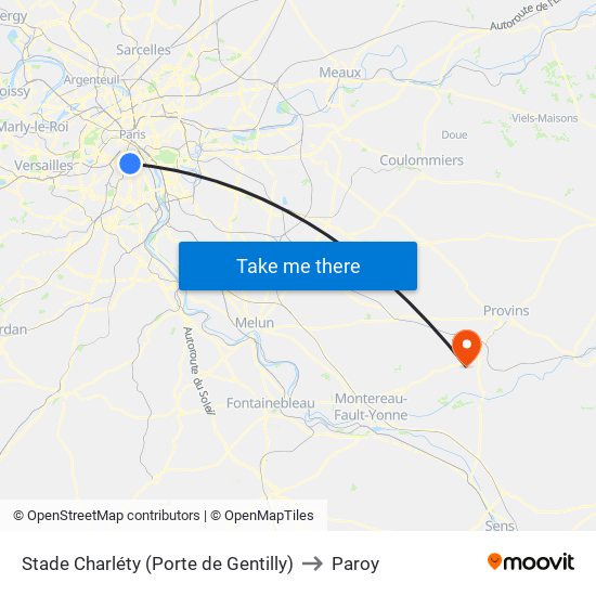 Stade Charléty (Porte de Gentilly) to Paroy map