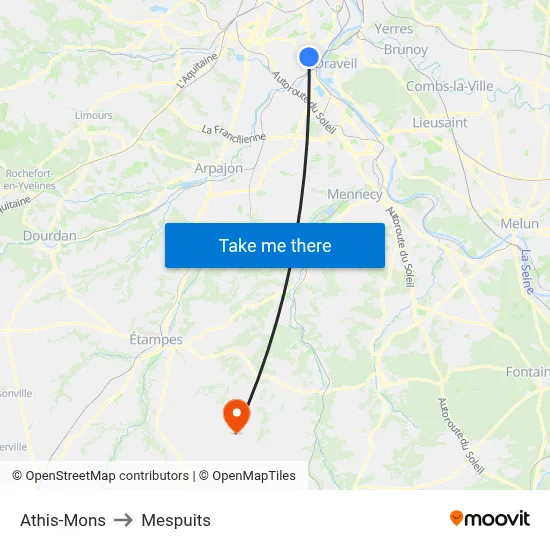 Athis-Mons to Mespuits map