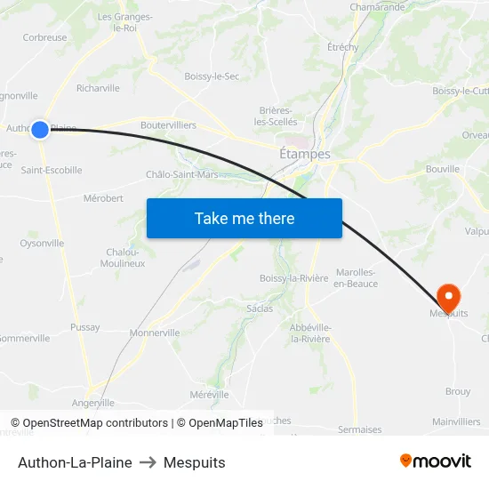 Authon-La-Plaine to Mespuits map