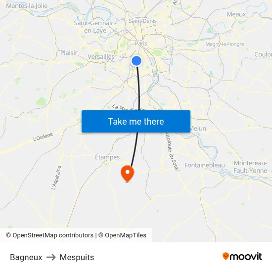 Bagneux to Mespuits map