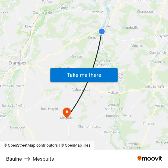 Baulne to Mespuits map