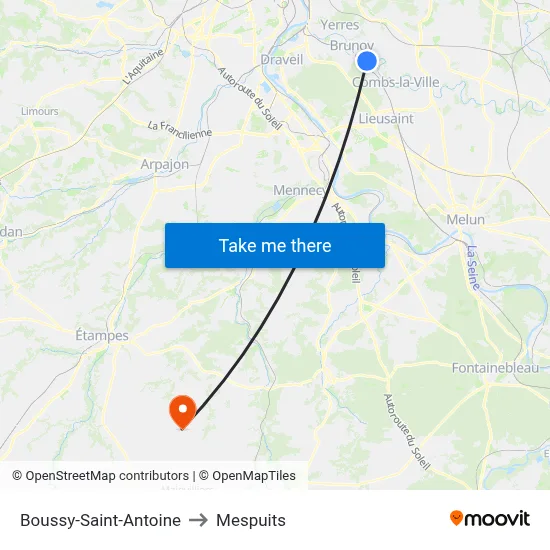Boussy-Saint-Antoine to Mespuits map