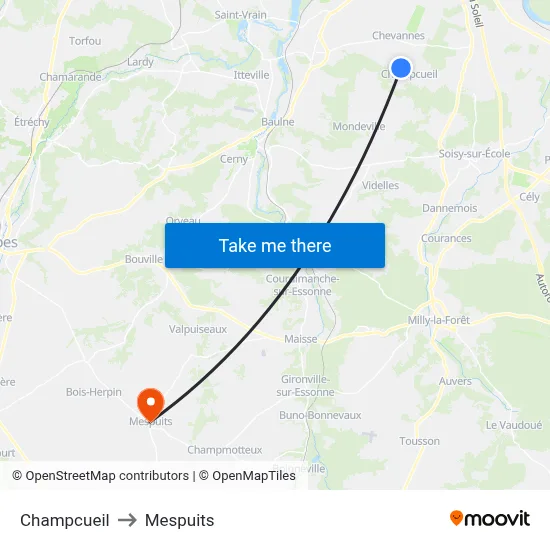 Champcueil to Mespuits map