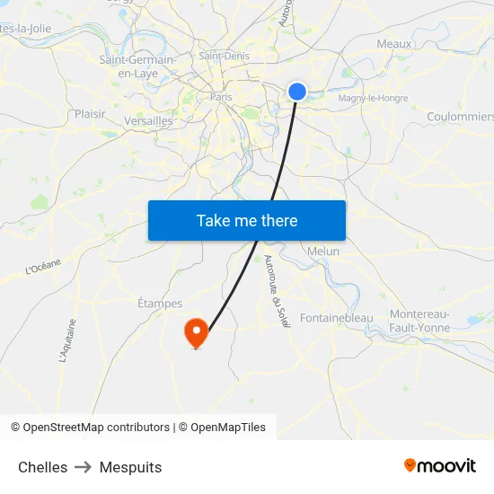 Chelles to Mespuits map