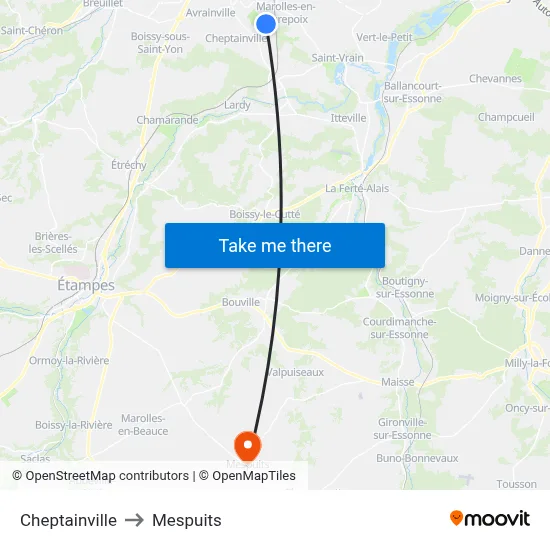 Cheptainville to Mespuits map