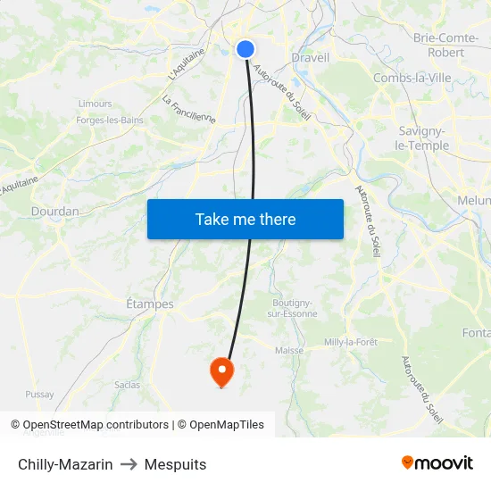 Chilly-Mazarin to Mespuits map